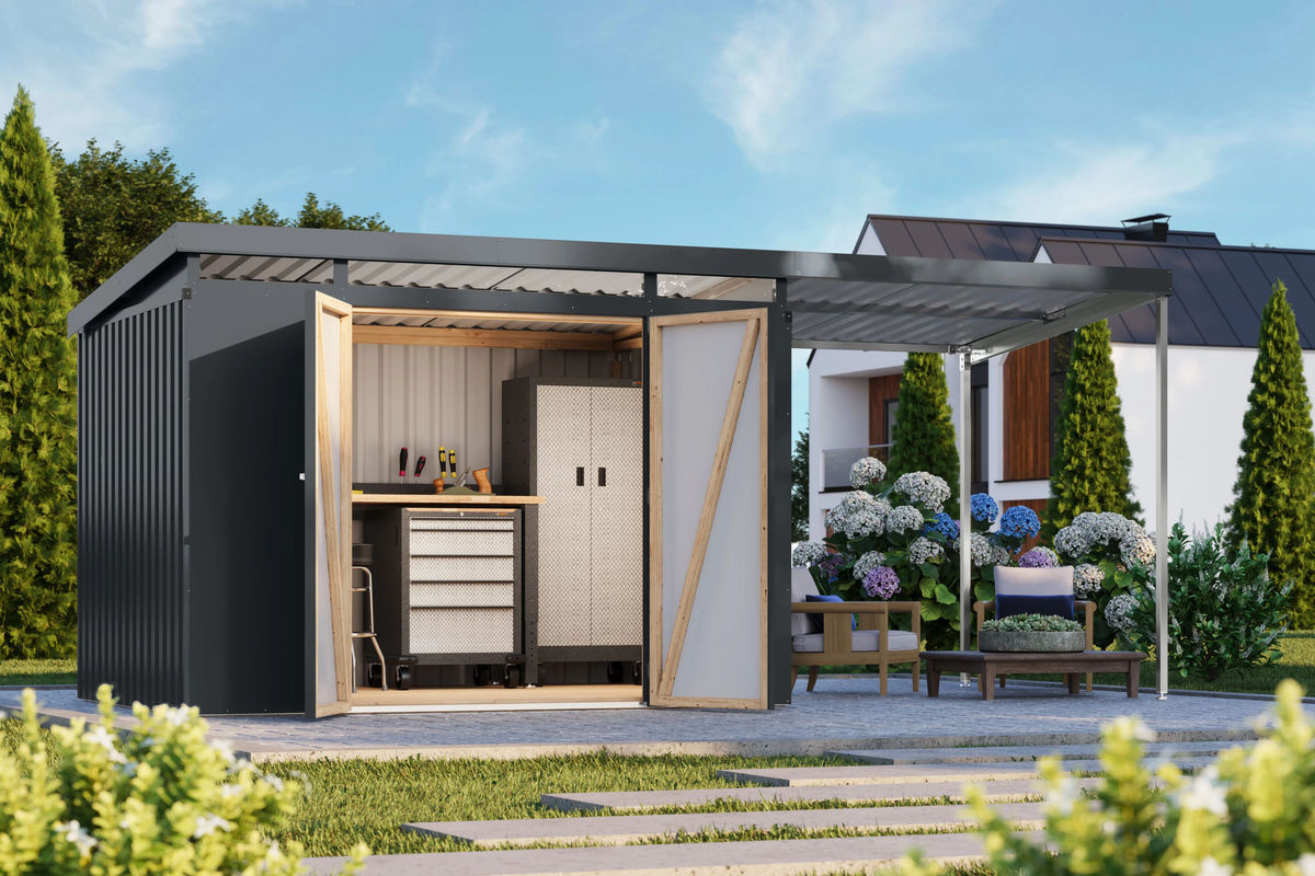 KARIBU Gerätehaus Mantis mit Anbaudach in Anthrazit, B/T/H: 497 x 209 x 213 cm - Bild 2