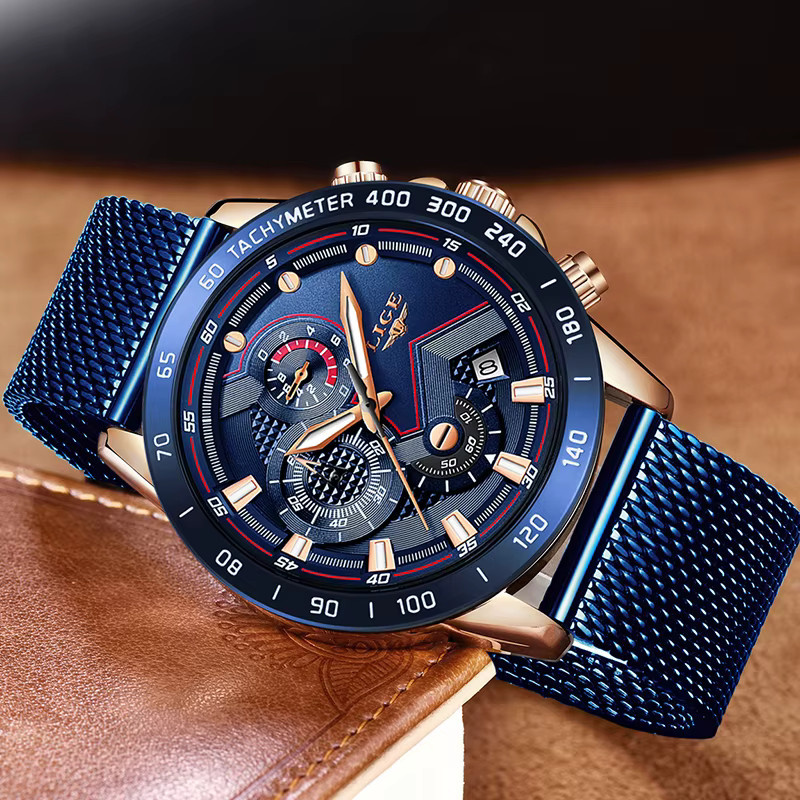 LIGE Chronograph Armbanduhr, Quarz, Edelstahl, Roségold, Blau, Herren - Bild 3