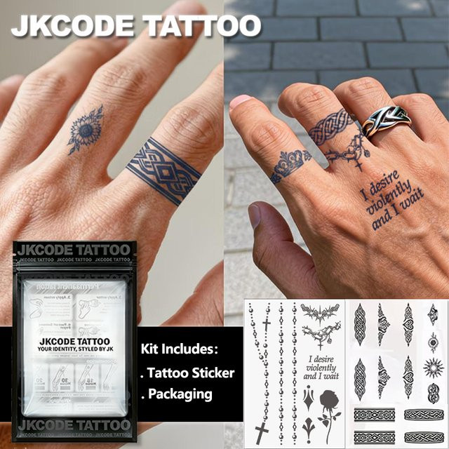 JKCODE TATTOO Semi-Permanentes Tattoo-Set, Geometrische Blumen-Ring-Tattoos, Herren - Bild 1