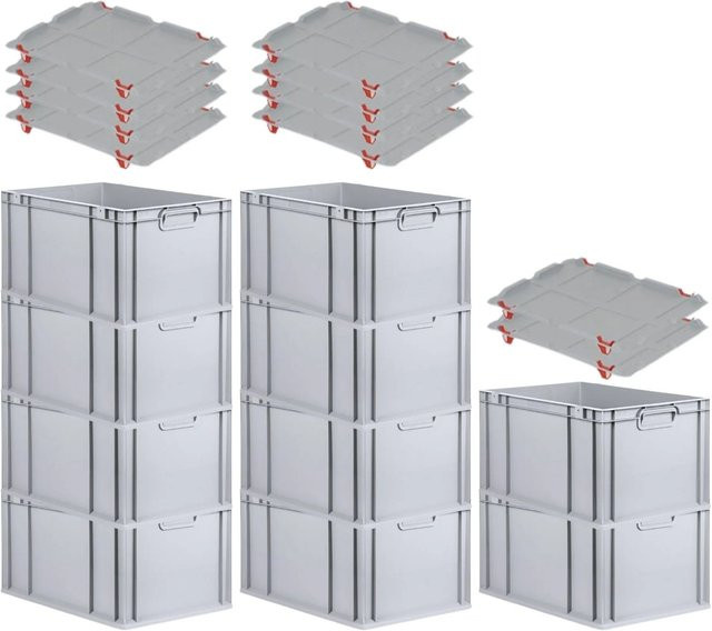 PROREGAL SparSet 10x Eurobox NextGen Grip mit Auflagedeckel und 4 roten Schiebeschnappverschlüssen, Grau, H x B x T: 32 x 40 x 60 cm - Bild 1