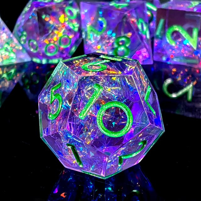 7-teiliges Harz-DnD-Würfelset, violette Basis mit grünen Zahlen, handgefertigte polyedrische Würfel für Dungeons & Dragons und RPG-Spiele - Bild 1