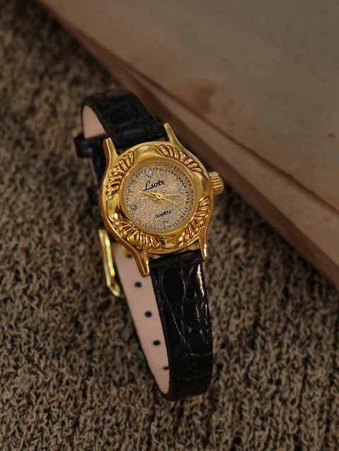 LSVTR Armbanduhr Quarz, goldenes Zifferblatt, schwarzes Lederarmband, Damen - Bild 1