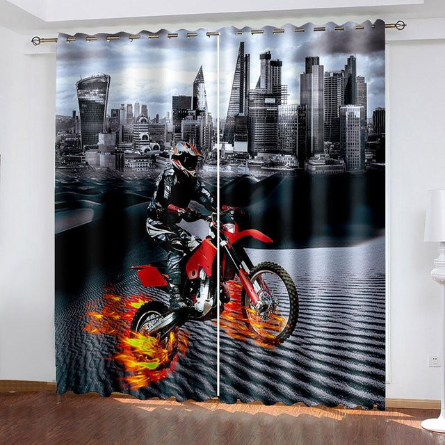 Motorrad-Print Vorhänge mit Grafikdesign, 2er-Set Halb-Verdunkelungsvorhänge aus Polyester, B: 140 cm, H: 160 cm, Mehrfarbig - Bild 1