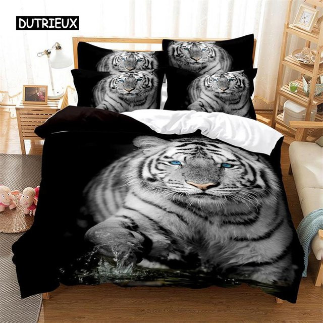 Bettwäsche-Set Weißer Tiger mit Bettbezug und Kissenbezug aus Mikrofaser, Design: Grafik, Farben: Weiß und Schwarz, B x H: 135 x 200 cm - Bild 1