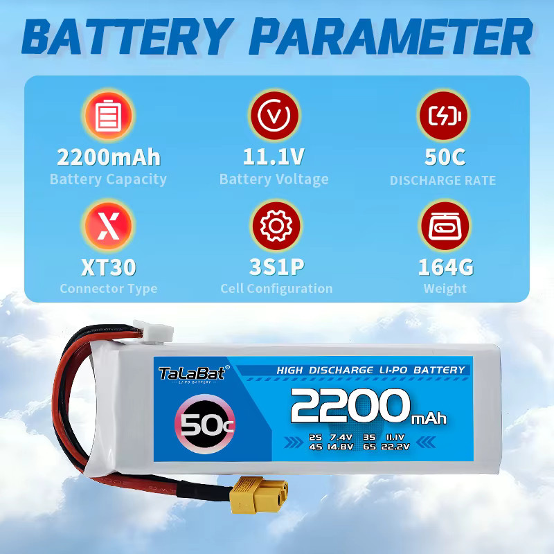 2er-Set TalaBat LiPo Akku 11,1 V 2200 mAh 50C mit T-Stecker und XT60 Stecker für RC Hubschrauber, Quadcopter und FPV Racing Drohnen, Weiß - Bild 4