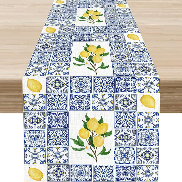 JMG Household Supplies Tischläufer aus Leinen mit blauem Zitronen-Fliesen-Muster, B/H: 150 x 33 cm - Bild 1