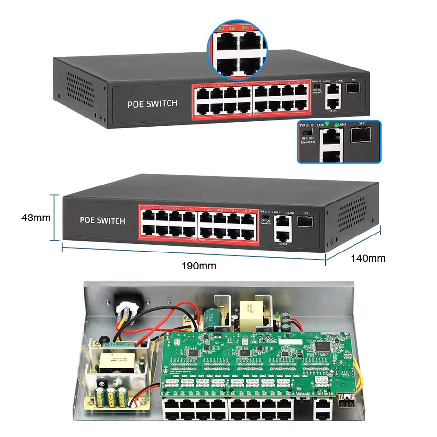 Techage PoE Switch 52V für IP-Kameras und Wireless AP mit 10/100Mbps Ethernet/LAN in Schwarz - Bild 3