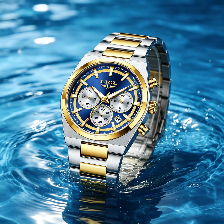 LIGE Armbanduhr Chronograph, Quarz, Edelstahl, Blau, Herren - Bild 3