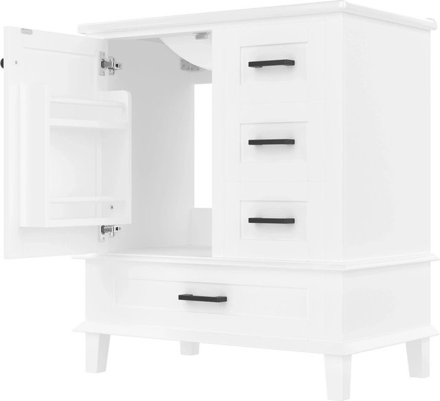 PXloue Badezimmerschrank mit Waschbecken in Weiß, freistehend mit Schubladen und Türregal, B/T/H: 76,0 x 40,5 x 83,5 cm - Bild 1