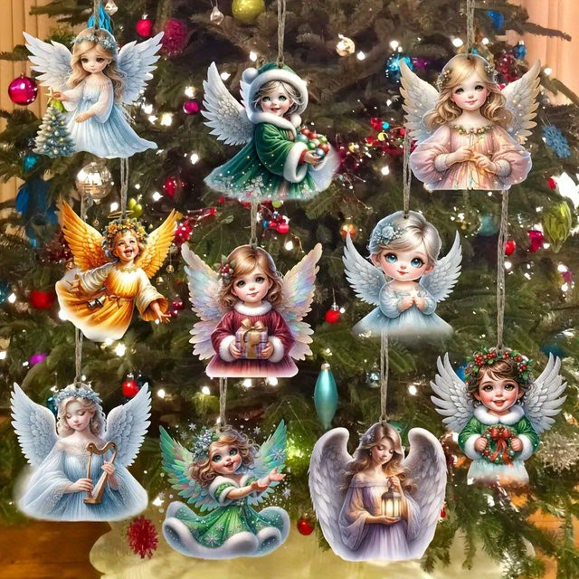 10 Stück WINTOGETHER Weihnachtsengel-Ornamente aus Holz, handgefertigter Weihnachtsbaumschmuck in Braun, Blau und Mehrfarbig, 2D Anhänger für Party und Dekoration - Bild 1