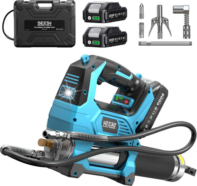 Seesii GR02 Ultra Elektrische Fettpresse Set Blau, Kabellose Bürstenlose Hochdruck-Schmiermaschine mit 2,0Ah Akku, 39,4 Zoll Flexibler Schlauch und LED-Licht - Bild 1