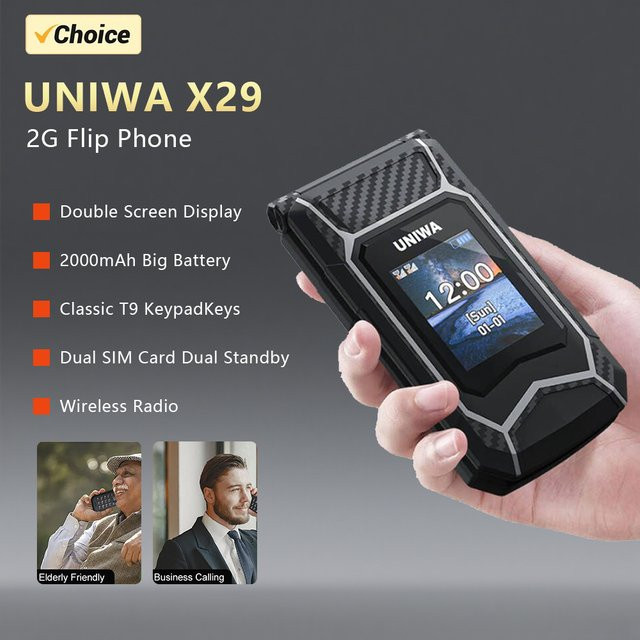 UNIWA X29 Seniorenhandy 2G Klapphandy mit GSM, Dual-SIM, UKW-Radio und russischer sowie arabischer Tastatur in Schwarz und Grau - Bild 1