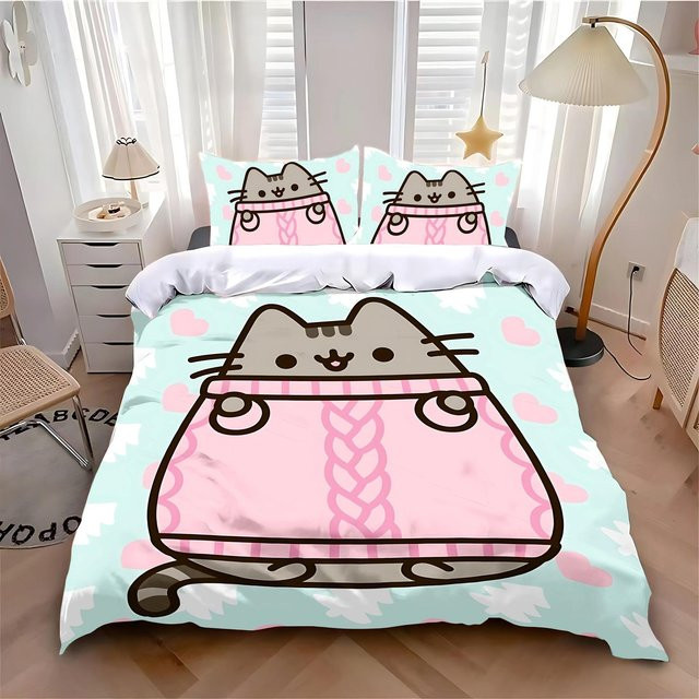 MINISO Bettwäsche-Set mit Katzen-Cartoon-Motiv in Pink, bestehend aus 3-teiligem Duvetbezug und Kissenbezügen, Breite: 220 cm, Höhe: 240 cm - Bild 1