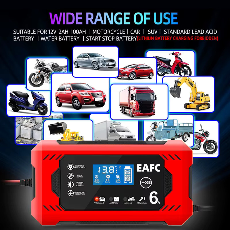 EAFC Intelligentes Autobatterie Ladegerät 12V 6A mit Impuls-Reparaturfunktion und automatischem Stopp in Rot - Bild 2