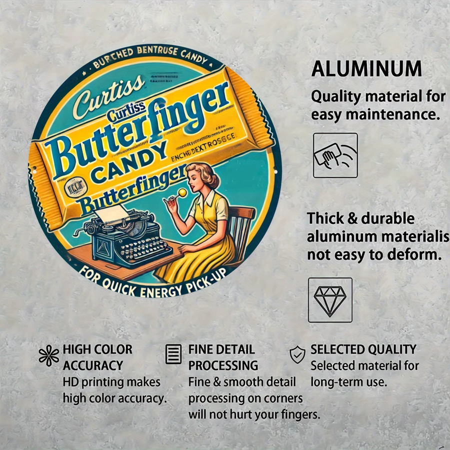 Potdemiel Vintage Butterfinger Candy Metallschild, rundes Aluminium-Wandkunst-Schild in Blaugrün, Durchmesser: 20,3 cm - Bild 4