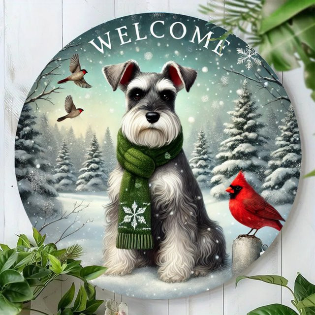 Potdemiel Merry Christmas Schnauzer Rundes Aluminium-Wandkunst Metallschild Mehrfarbig Durchmesser: 19,81 cm - Bild 1