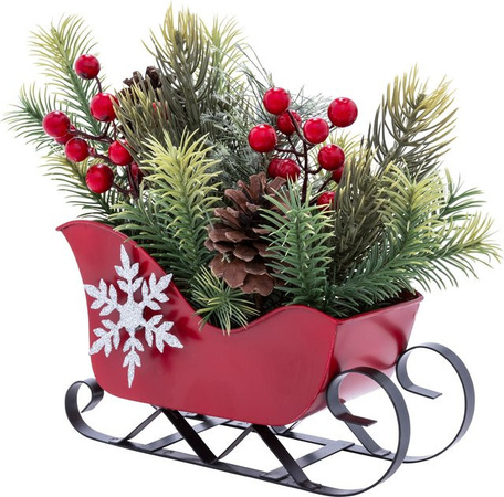 Weihnachtsgesteck Schlitten von Viva Domo in Grün und Rot für die Adventsdekoration