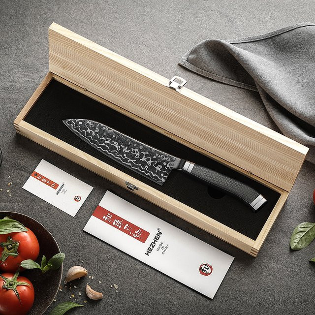HEZHEN Santoku-Messer mit 7,2 Zoll Damastklinge aus M390 Stahl und Kohlefaser-Griff in Schwarz - Bild 1