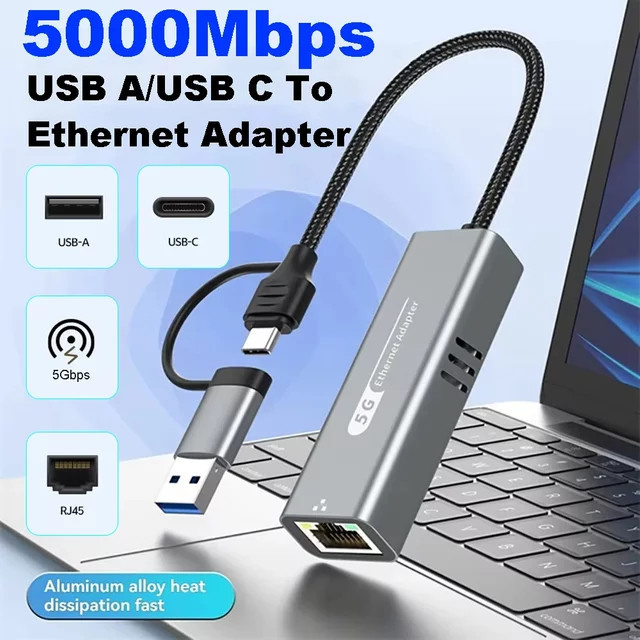 Kebidu USB-C auf RJ45 Ethernet-Adapter, 5 Gbit/s USB-LAN-Netzwerkkarte in Grau - Bild 1