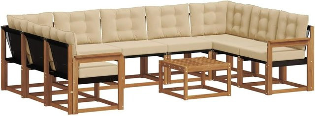 vidaXL Outdoor-Sofagarnitur aus Massivholz Akazie in U-Form, 30-teiliges Set mit beigefarbenen Polstern und Textilene-Elementen - Bild 1