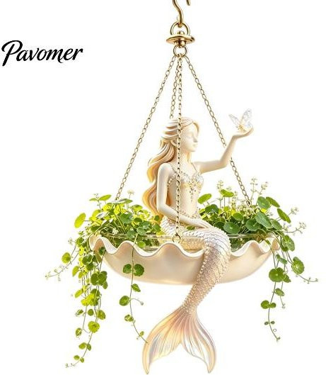 Wandhängende Blumenvase von Aunel in Weiß mit Fee, Ballettänzerin und Meerjungfrau Motiven, dekoratives Pflanzgefäß aus Kunststoff mit Metallkette für Innenbereich und Garten - Bild 1