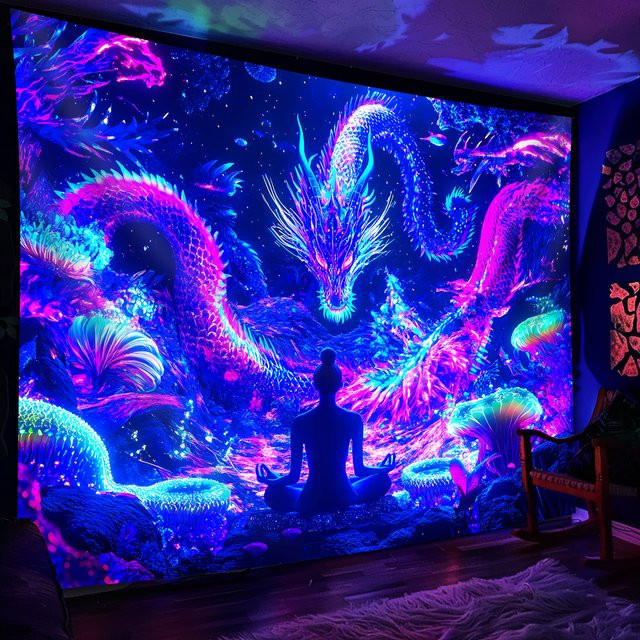 VIKAMA Neon-Drachen-Wandteppich in Multicolour für dein Wohnzimmer, Oriental Fantasy Wanddeko für Meditation und Yoga, B: 60 cm, H: 40 cm - Bild 1