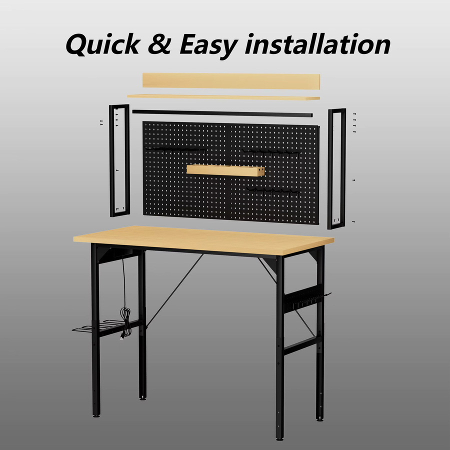 Svintora Mobile Werkbank in Schwarz mit Holzplatte und Lochplatte, Verstellbare Werkstattstation mit AC-USB-Anschluss und Rollen, Breite: 120 cm - Bild 5