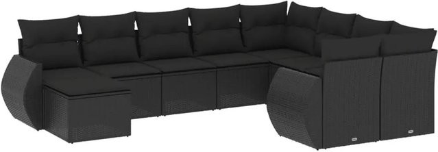 vidaXL 10-tlg. Garten-Sofagarnitur in L-Form aus Polyrattan mit Kissen, Schwarz - Bild 1