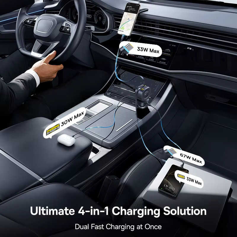 Baseus 100 W Autoladegerät mit PD QC Schnellladung, einziehbarem USB-C Kabel und 4 Anschlüssen, 450 Grad rotierbar, Schwarz - Bild 3
