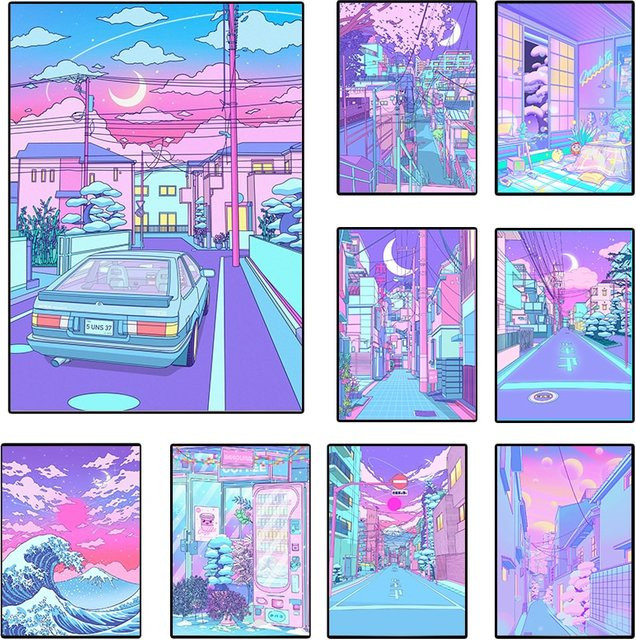 Vaporwave Neon City Street Leinwandposter von Potdemiel mit Korean Moon Anime Motiv in Multicolour für dein Kawaii Kinderzimmer - Bild 1