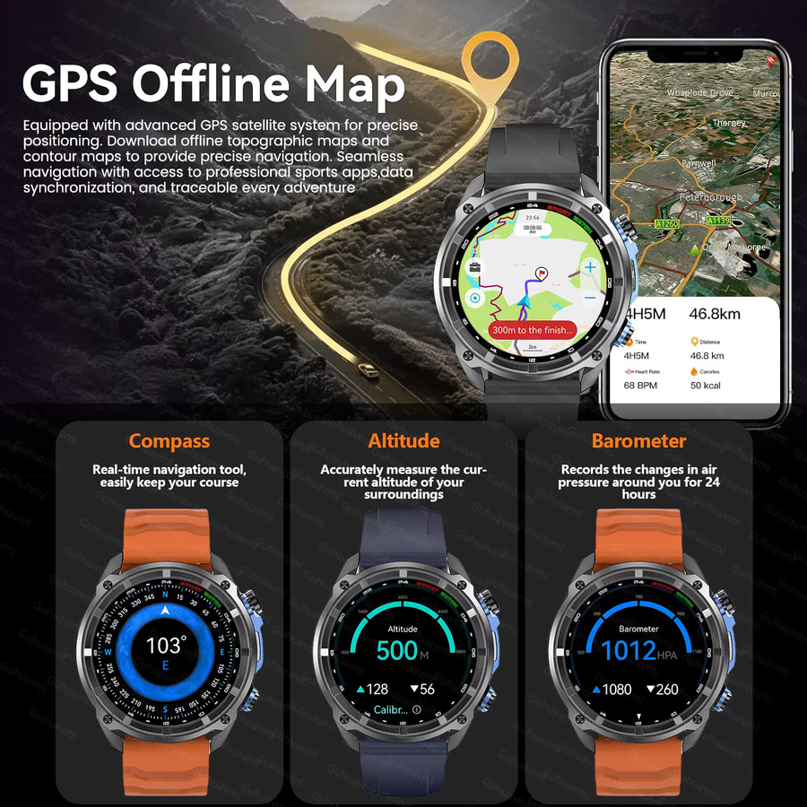 KAVSUMI Smartwatch für Männer in Orange mit Offline GPS Karte, 4GB Speicher, Bluetooth Anruffunktion und 10ATM Wasserdichtigkeit - Bild 2