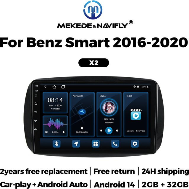 Android Autoradio mit Carplay und GPS Navigation für Mercedes Benz Smart 453 Fortwo 2014 bis 2020, Multimedia Player in Schwarz - Bild 1