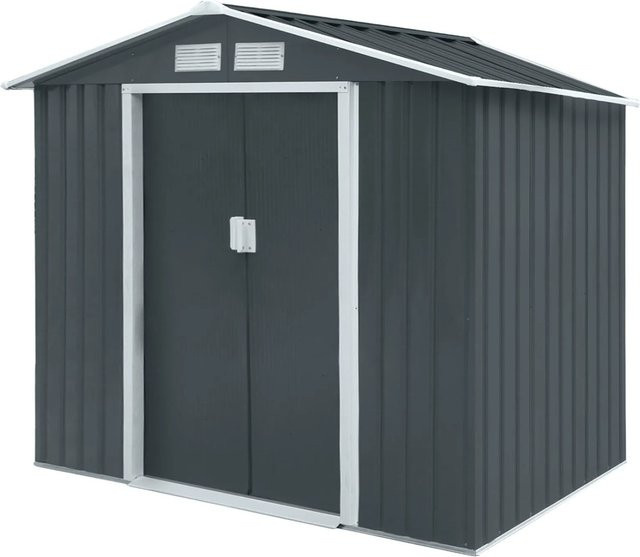 Hattoro S100 Metall Gerätehaus XL Geräteschuppen aus Stahlblech in Grau Anthrazit mit 2 Schiebetüren und Fundament-Rahmen, H: 213 cm, B: 238 cm, T: 185 cm - Bild 1