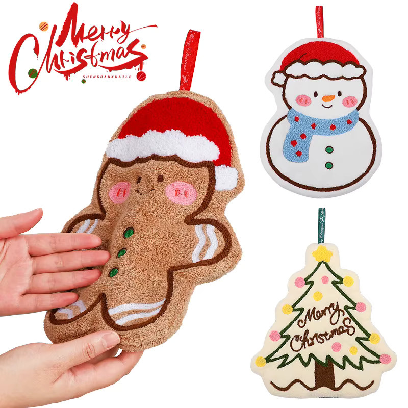 ZQNYCY Weihnachten Fleece Handtuch mit Cartoon Lebkuchenmann und Schneemann in Multicolour für Küche und Badezimmer - Bild 5