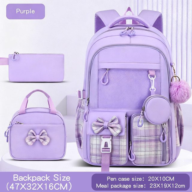 4er Set Patchwork Schulrucksack für Mädchen mit Schleife in Lila von Fancy Style Studio inklusive Brottasche und Federtasche - Bild 1