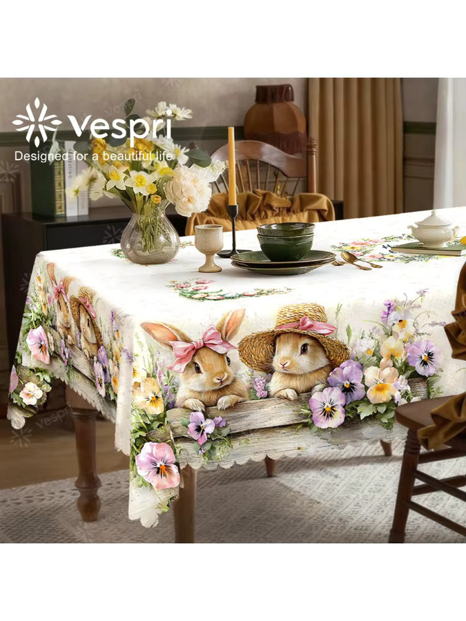 Vespri Oster-Tischdecke aus Polyester in Weiß-Lila mit Blumen- und Hasenmuster für Party und Festlichkeiten, Rund - Bild 4