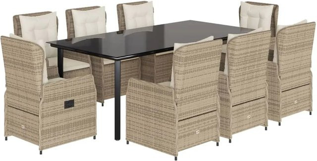 vidaXL 9-teilige Garten-Essgruppe aus Poly Rattan in Beige mit Kissen und Glastisch - Bild 1