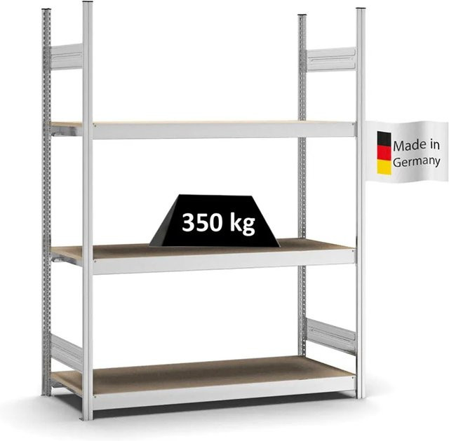 PROREGAL Weitspannregal Stecksystem T-Profil mit 3 Ebenen Spanplatten Fachböden, Farbe Silber, H x B x T: 200 x 150 x 50 cm - Bild 1