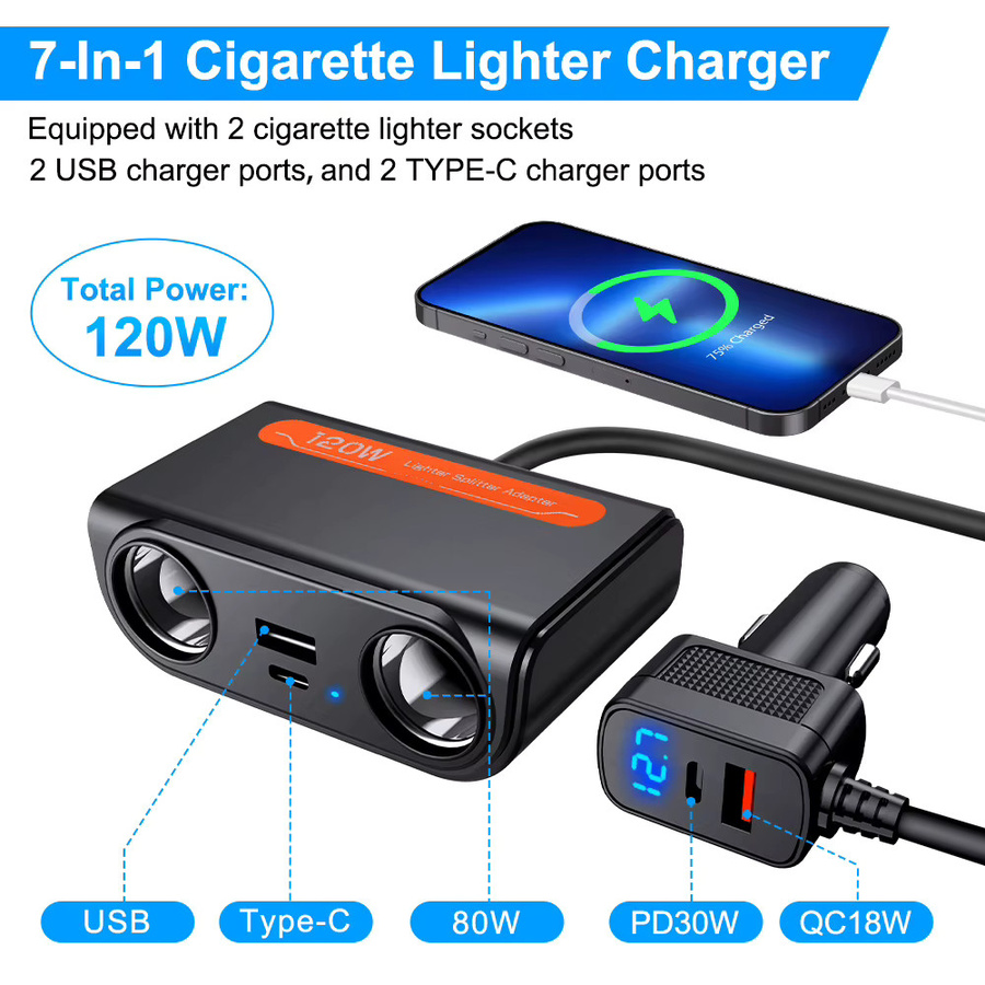 Extractme 3 in 1 Dual USB PD Schnellladegerät für das Auto mit 120 W Leistung, Zigarettenanzünder Splitter in Schwarz für 12 V und 24 V - Bild 2