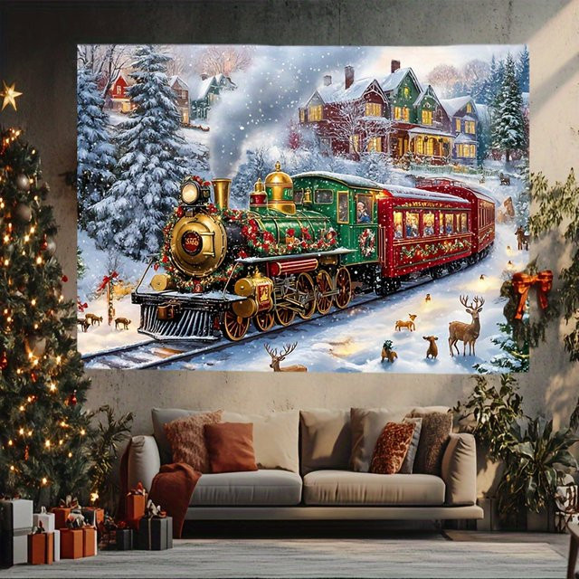 VIKAMA Weihnachtliche Tapisserie mit Schneeszene und Zug als Wanddekoration für Wohnzimmer und Partyräume - Bild 1