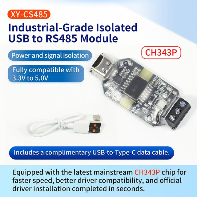 CH343P Hochgeschwindigkeits-USB-zu-RS485-Isolierter Konverter mit Typ-C-Anschluss, 16KV Isolationsspannung und 6Mbps, Schwarz - Bild 1