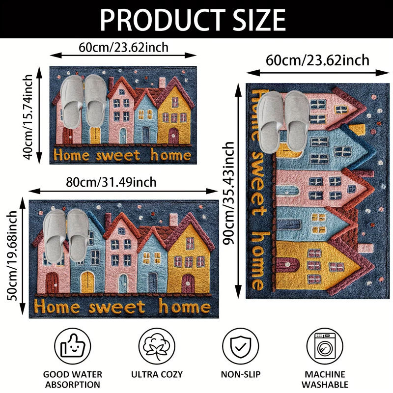 VIKAMA Plüsch-Fußmatte Sweet Home mit buntem Hausmuster, Mehrfarbig, B/T: 60 x 40 cm - Bild 5