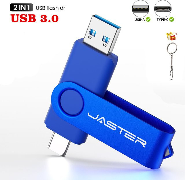 JASTER 2-in-1 USB-C Speicherstick mit 360 Grad Rotation in Blau und Schwarz für Mobiltelefone und Computer - Bild 1