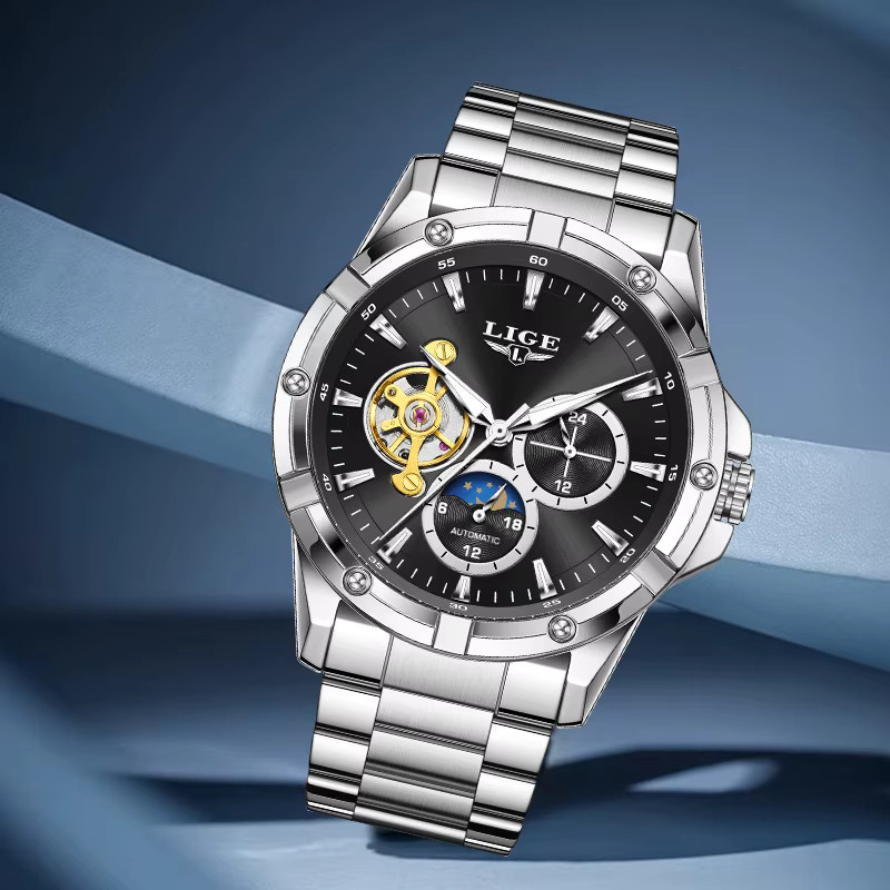 LIGE Armbanduhr Automatik, Edelstahl, Silber, Herren, Mondphase - Bild 2