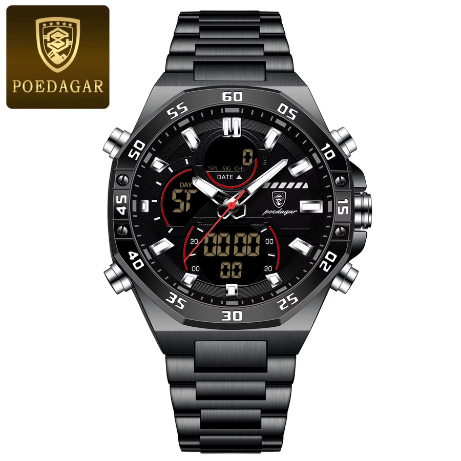 POEDAGAR Digitaluhr, Quarz, Edelstahl, Gold Schwarz, Herren - Bild 7