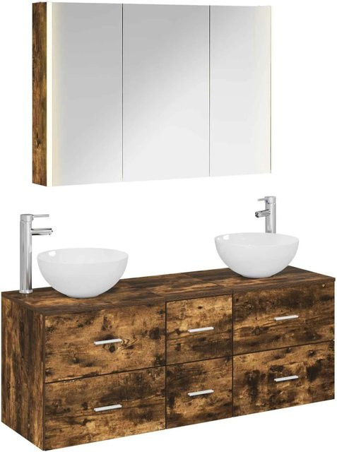 vidaXL Badezimmermöbel-Set 4-teilig aus Eiche in Braun mit LED-Spiegelschrank, Waschtischunterschrank und Seitenschrank im modernen Design - Bild 1