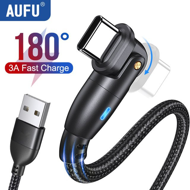 AUFU USB-Typ-C-Kabel mit 180 Grad drehbarem Stecker, 3 A Schnellladefunktion und Datenübertragung für Samsung, Xiaomi und Redmi, Schwarz/Rot - Bild 1
