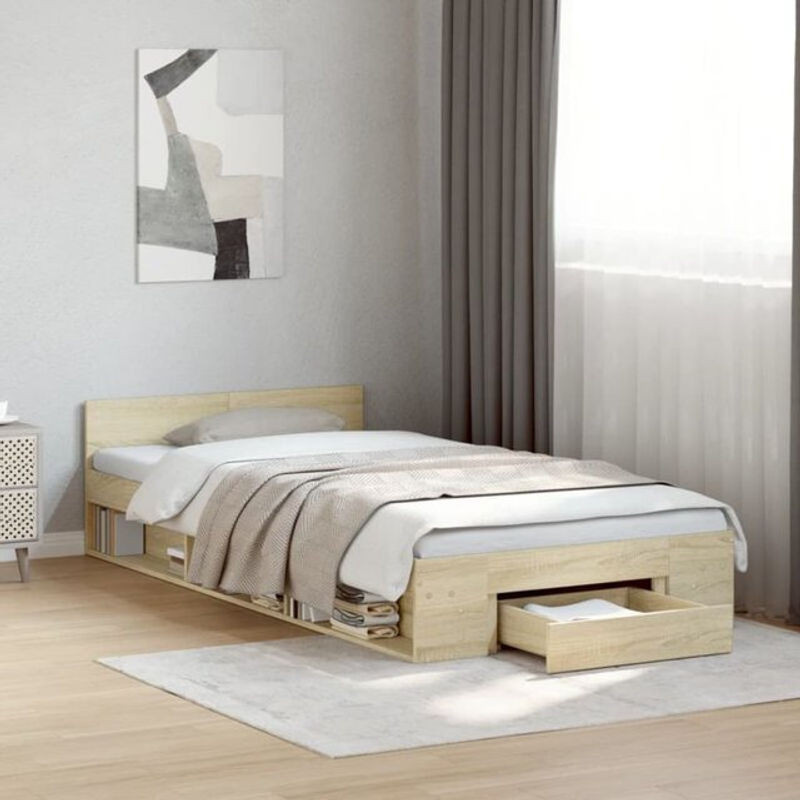 Vidaxl Funktionsbett mit Schublade in Sonoma-Eiche Natur, modernes Holzwerkstoff-Bettgestell, B/T: 90 x 190 cm - Bild 1
