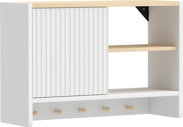 Aosom Wandhängeschrank für das Badezimmer mit Tür, offenen Regalen und 5 Haken, Weiß und Eiche, B/T/H: 60 x 20 x 40 cm - Bild 1