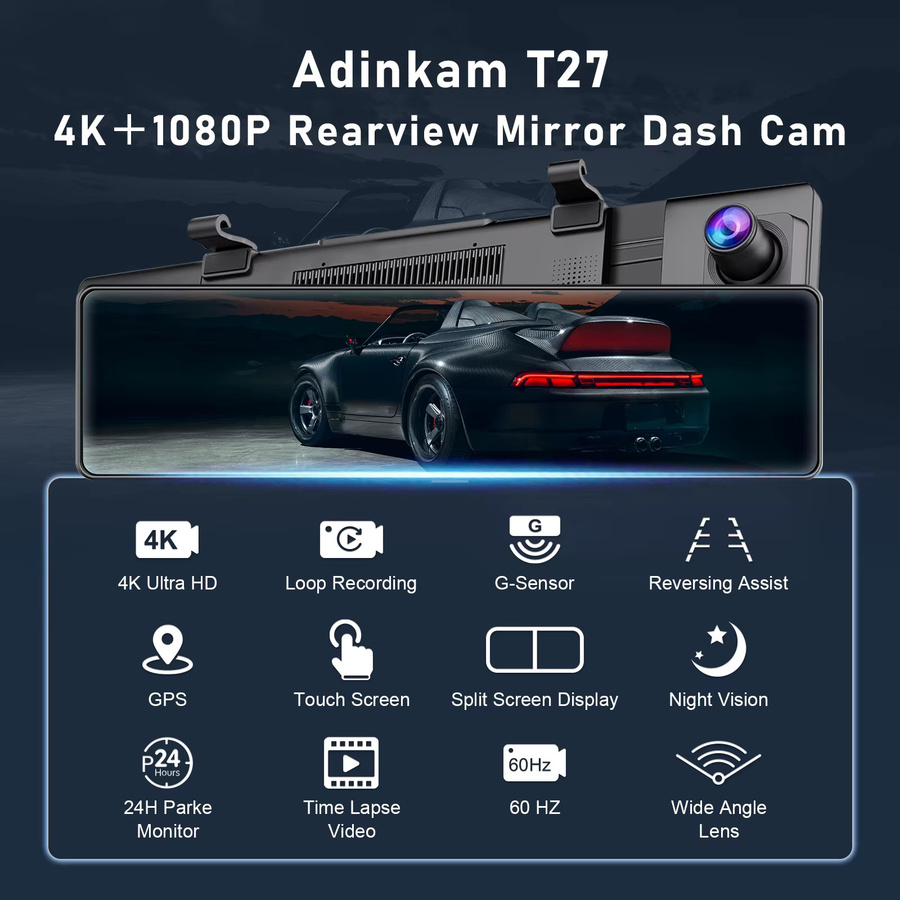 Adinkam 12-Zoll Dual-Kanal Dashcam Rückspiegel in Schwarz mit 4K UHD Videorekorder, GPS und IPS Touchscreen zur Rückfahrassistenz - Bild 2